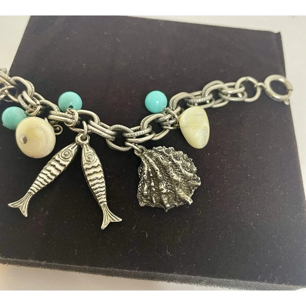 Vtg. German Seashell Charm Bracelet Silver Tone 7